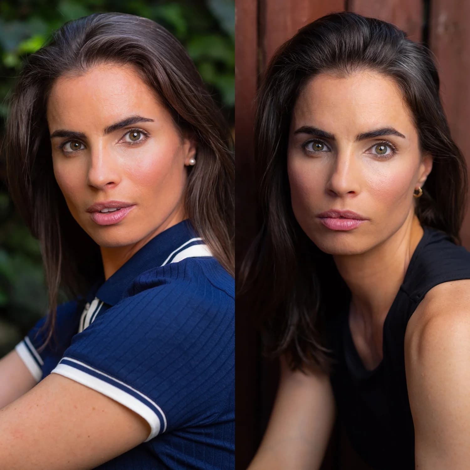 Two headshots of the same actor side by side — in a navy polo against garden greenery, and in black against a dark red door